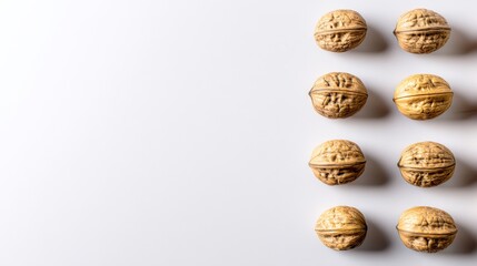 Poster - Dried walnut halves are symmetrically organized on a crisp white surface, offering a minimalist aesthetic with space for text or branding