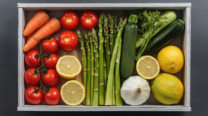 Poster - Fresh vegetables and fruits including carrot tomato asparagus zucchini lemon garlic and celery arranged in wooden box showcasing vibrant colors and healthy ingredients