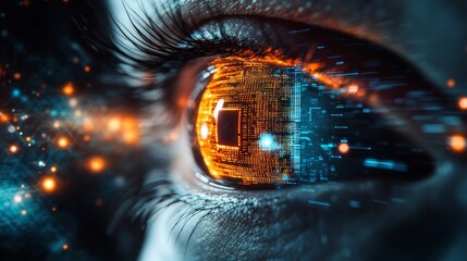 Poster - Close-up View of a Futuristic Human Eye Reflecting Digital Elements and Technology in a Surreal Artistic Representation Showcasing Innovation and Imagination