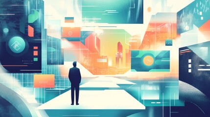 Aufkleber - Modern Digital Workspace With Three Professionals Collaborating in a High-Tech Environment Featuring Screens and Data Visualizations