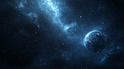 Poster - vast cosmic expanse filled with stars and nebulae illuminated by deep blue hues showcases the beauty