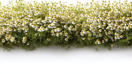 Poster - Blooming chamomile flowers create a colorful, detailed field, surrounded by a clean white background, providing ideal copy space for text or design