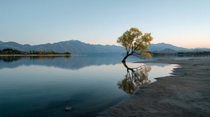 Poster - A peaceful landscape captures an autumn-colored tree beside a calm lake, reflecting distant mountains and warm light in the evening sky