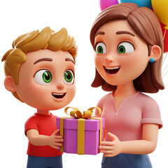 Poster - 3d rendering cute boy cartoon character giving a gift to his mother with colorful balloons isolated on transparent background, PNG file add