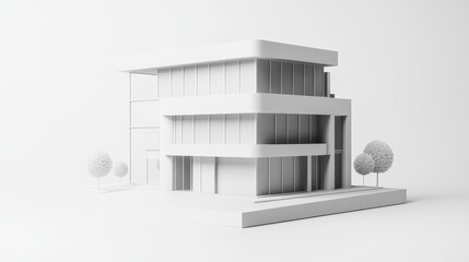 Poster - White Architectural Model of a Modern Building Showcased on a Minimalistic Surface With Soft Lighting