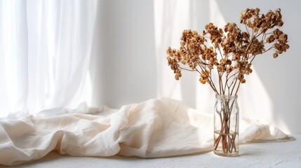 Fototapete - A pristine ivory tabletop showcases a glass vase filled with dried flowers, creating a serene and minimalist aesthetic with soft, even lighting