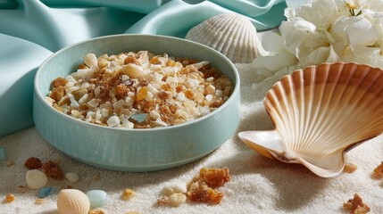 Poster - Coral fragments and a teal seashell sit beautifully on warmth of ivory sand, creating a coastal aesthetic under bright, inviting light, with space on the right