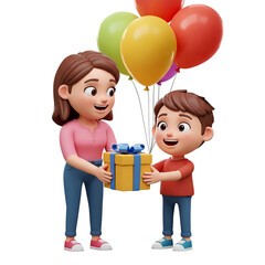 Poster - 3d rendering cute boy cartoon character giving a gift to his mother with colorful balloons isolated on transparent background, PNG file add
