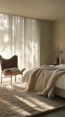Poster - Cozy and Serene Modern Bedroom With Natural Light and Warm Wooden Accents in a Luxury Home Setting