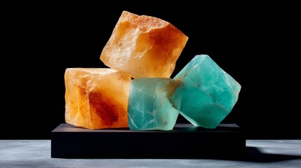 Aufkleber - A stack of quartz prisms refracts teal and amber light, showcasing an ethereal glow on a black pedestal with space for additional design elements