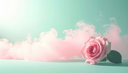 Poster - Graceful pink rose surrounded by soft pink smoke indoor studio setting still life photography tranquil environment close-up view floral concept for relaxation