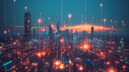 Fototapete - Futuristic Cityscape With Glowing Spheres Connected by Light Beams During Twilight