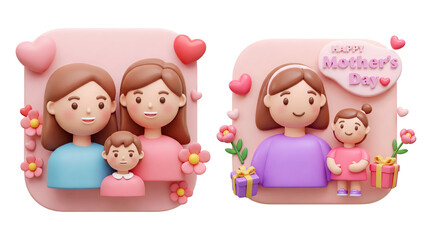 Poster - 3d happy family with pink hearts and flowers and smiling mother with her daughter with gifts and flowers for Mother's Day cartoon characters isolated on transparent background, PNG file add