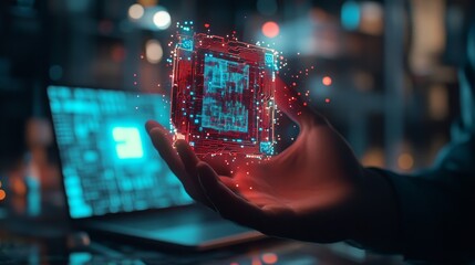 Aufkleber - Digital Technology and Innovation Showcased With a Holographic Processor in the Palm of a Hand During a Modern Workspace