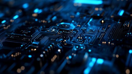 Aufkleber - High-tech Circuit Board Illuminated in Blue Light Showcasing Intricate Patterns and Electronic Components