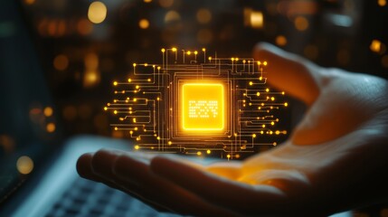 Fototapete - Innovative Technology Concept Featuring a Glowing Microchip Held in a Person's Hand Against a Futuristic Background