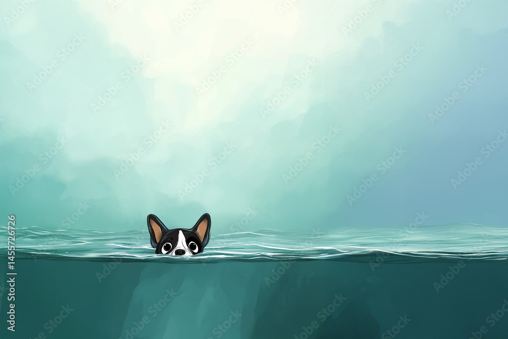 Cute cartoon dog peeking out from water with only head visible in ...