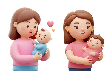 Poster - 3d rendering smiling mother with brown hair holding her baby in her arms cartoon characters isolated on transparent background, PNG file add