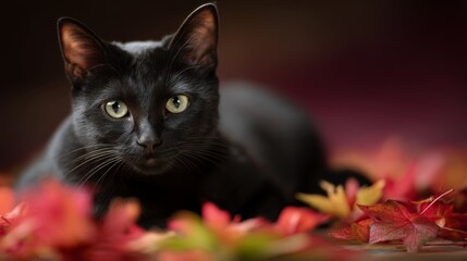 Poster - A black cat lounges comfortably among vibrant red and orange maple leaves, basking in the serene golden light of autumn's embrace