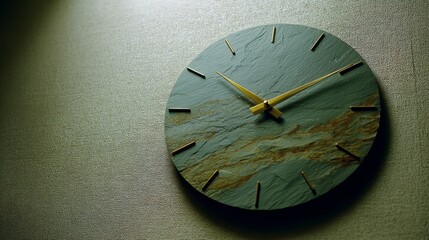 Poster - A circular slate clock with minimalist markers is mounted on a textured beige wall, illuminated by soft ambient light, creating a serene atmosphere
