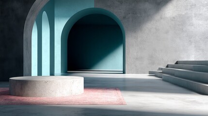 Fototapete - A spacious room features a striking teal vaulted ceiling, complemented by a coral-patterned rug. A round stone pedestal sits invitingly in soft, diffused light