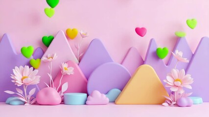 Poster - Pastel geometric mountains and daisies create a whimsical, soft landscape against a pink background.
