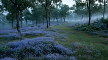 Aufkleber - Ethereal lavender-hued woodland features blooming wildflowers and soft ferns, enveloped in mist, creating a dreamlike and tranquil environment