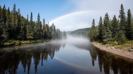 Poster - A calm forest river reflects a bright rainbow as mist gently rises from the surface, creating a serene atmosphere among the lush green trees