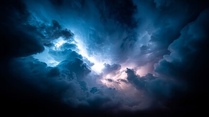 Poster - Towering gray storm clouds with jagged edges fill the sky, illuminated by faint flashes of lightning, creating a dramatic and intense weather display