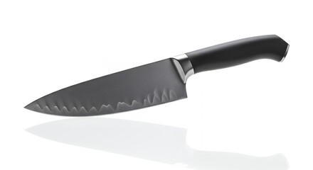 Isolated stainless steel chef knife with black handle on white background