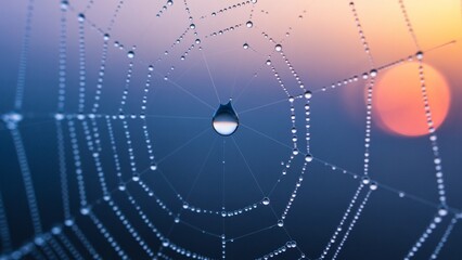 A drop of water on a spiderweb with orange and blue hues