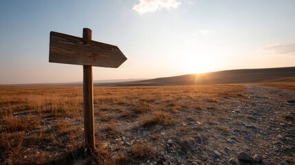 Aufkleber - A wooden signpost stands alone in a grassy field as the sun rises, illuminating a colorful sky and casting elongated shadows across the ground