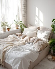 Poster - A Beautifully Lit Bedroom Interior With Cozy Bedding Plants Near Window Inviting Natural Light And Creating a Relaxing and Harmonious Atmosphere Design