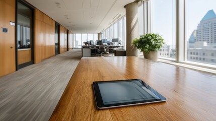 Aufkleber - A wide-angle view of a contemporary office space featuring abundant natural light. A tablet rests on a glass table, ideal for business activities