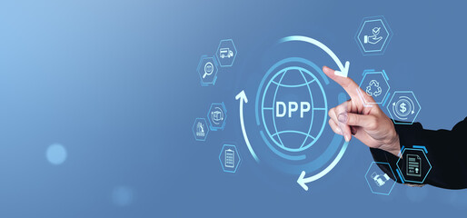 Poster - Digital product passport concept with icons and hand interacting on blue background.