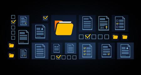 Poster - Digital document management system interface with folders and checklists on dark background, representing organization and data handling. 3D Rendering