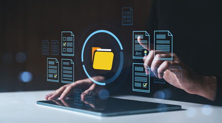 Fototapete - Digital document management system with folder icons on touchscreen interface.