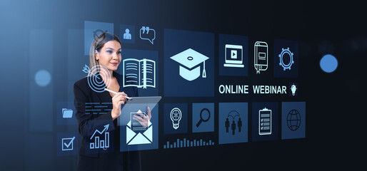 Aufkleber - businesswoman using tablet for online webinar with digital educa