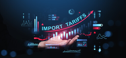 Poster - Import tariffs increasing concept with economic growth charts and trade war indicators on futuristic virtual screen in businessman hand on dark background.