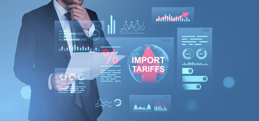 Poster - Businessman analyzing import tariffs and trade growth charts wit