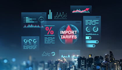 Poster - Digital interface showing import tariffs statistics and growth charts over city skyline.