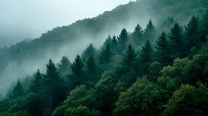 Poster - Dense forest shrouded in thick morning fog creates an ethereal atmosphere with tree silhouettes fading into the mist, emphasizing calmness and tranquility
