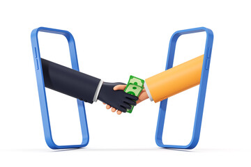 Poster - creative concept showing corruption with bribe exchange through digital devices symbolizing online s