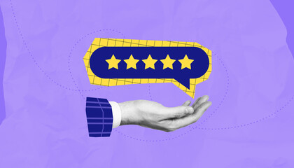 Poster - Hand presenting five-star rating in chat bubble on abstract purple background.