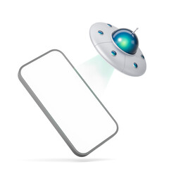 Poster - Floating smartphone mockup with UFO spaceship beaming light on screen isolated on white background, futuristic technology concept, 3D Rendering. 3D Rendering