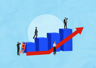 Poster - Business people climbing blue bar chart with red upward arrow on