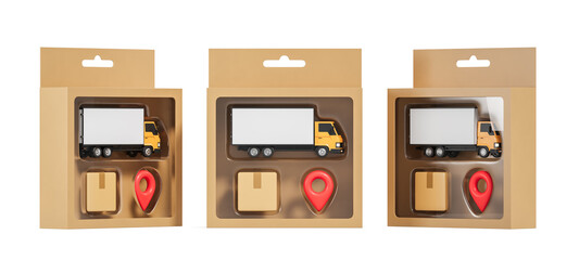 Poster - Toy delivery truck with package and location pin in retail box packaging isolated on white background, creative logistics concept display set. 3D Rendering