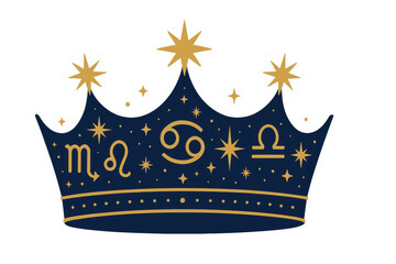 zodiac crown illustration featuring gold stars and astrological symbols for scorpio, leo, cancer, an