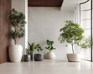 Poster - Minimalist Interior Design Concept Featuring Natural Elements Such as Indoor Plants in White Pots Creating a Bright and Airy Space for Relaxation