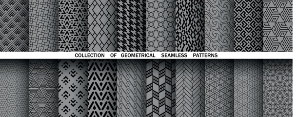 Fototapete - Geometric floral set of seamless patterns. Gray and black vector backgrounds. Damask graphic ornaments